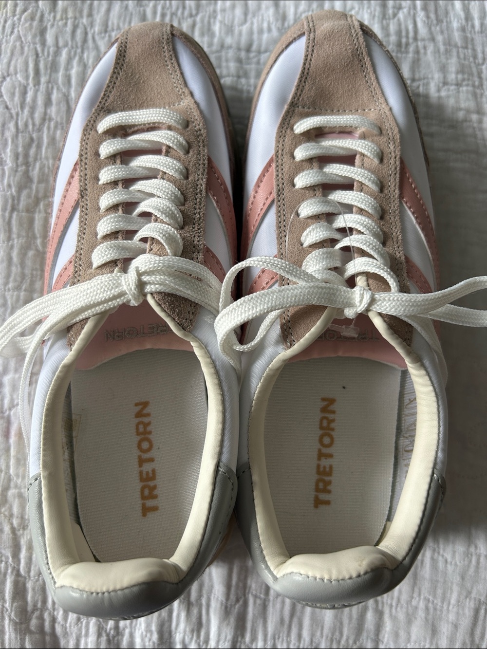 Tretorn White Sneakers with Pink Accents and Beige Suede